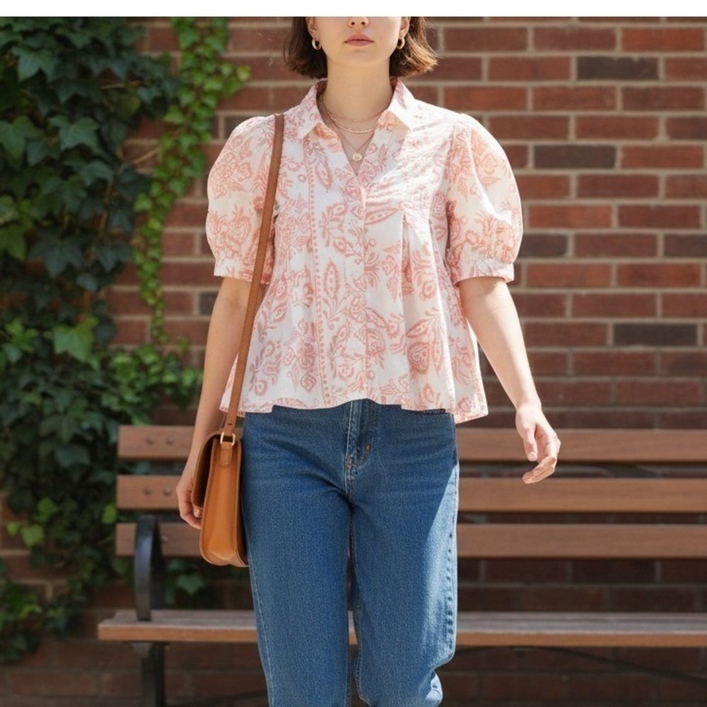 Coral Pink Paisley Babydoll Blouse Floral Button Down Airy Peplum Top Sz M